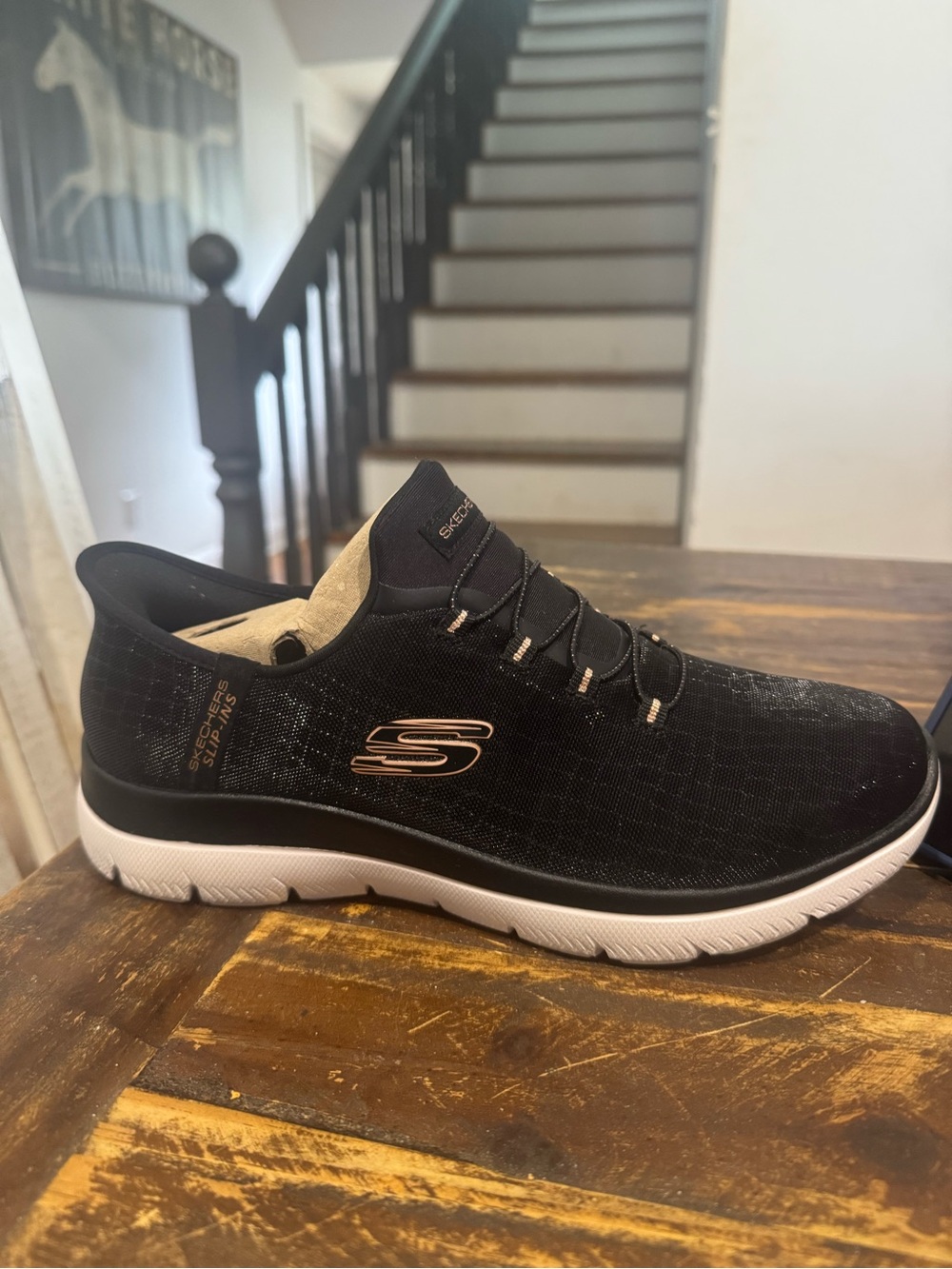 Skechers Black Slip-On Memory Foam Sneaker with Rose Gold Logo 9.5 wide